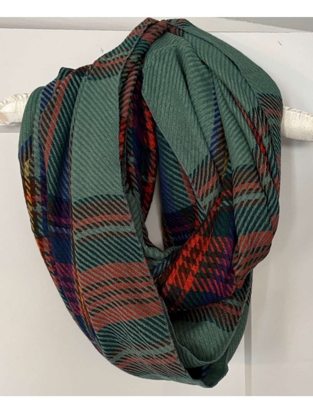 Plaid Woven Infinity Scarf — Green Multicolor — One Size 🍂